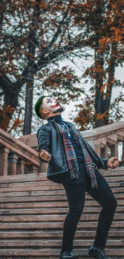 Person dramatically posing on stairs with autumn leaves.