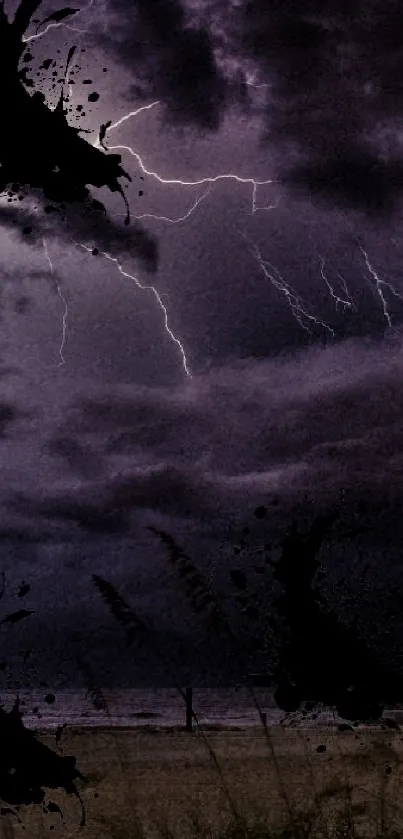 Dark stormy beach with lightning and clouds.