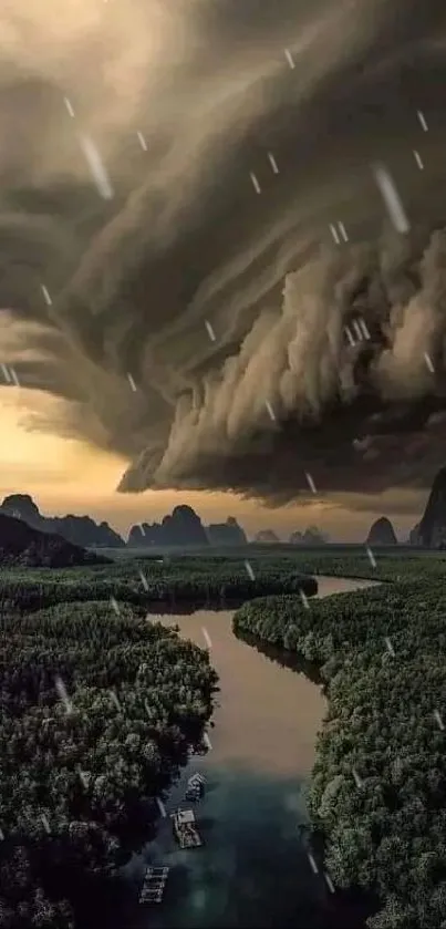 Dramatic storm clouds over lush green landscape with winding river.