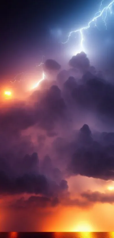 Dramatic clouds and lightning over ocean at sunset.