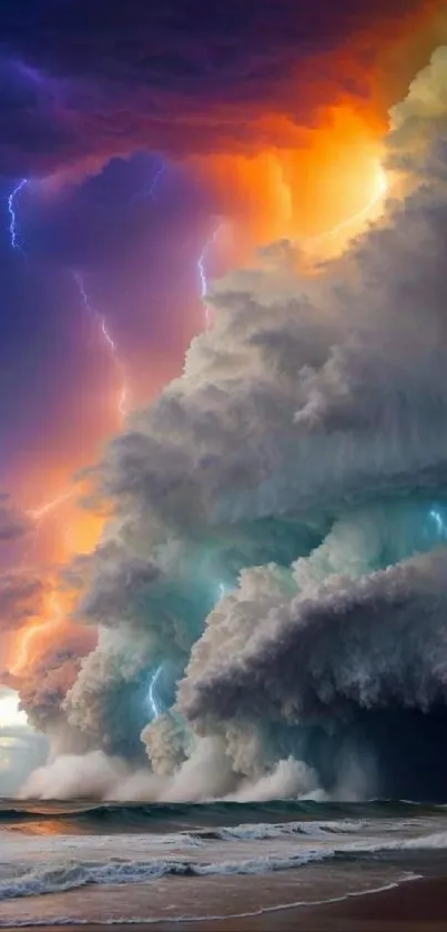 Dramatic storm clouds with vibrant lightning over the ocean.