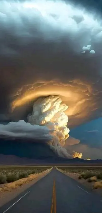 Dramatic storm cloud over a desert road with dark blue skies.