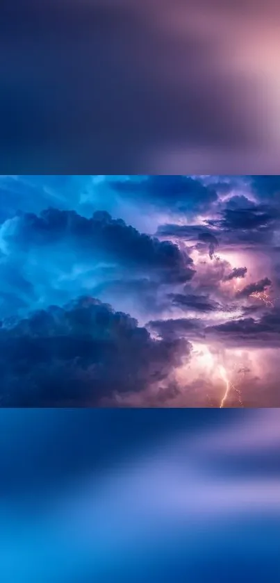 Dramatic storm clouds with lightning and vibrant blue hues in the sky.