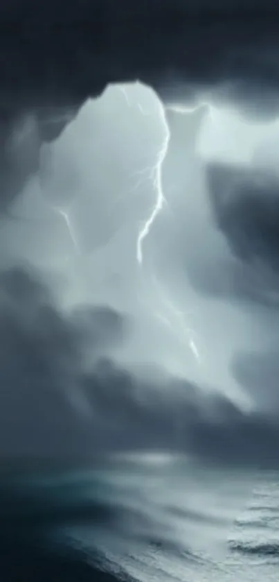 Dramatic storm clouds with lightning over the ocean.