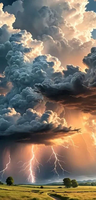 Dramatic storm clouds with lightning in a scenic landscape.