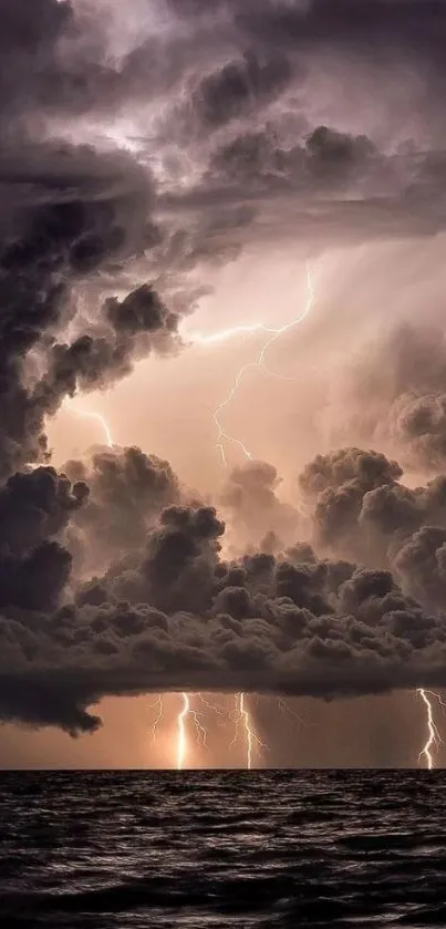 Dramatic lightning storm over ocean with dark clouds.