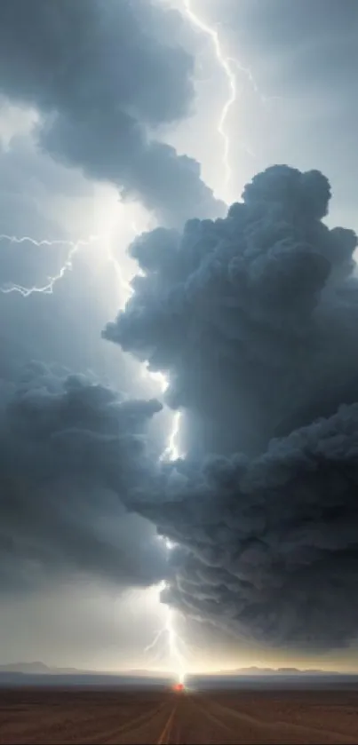 Dramatic storm with lightning over a desert road.