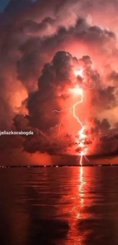 Dramatic lightning storm over ocean with red-orange clouds.