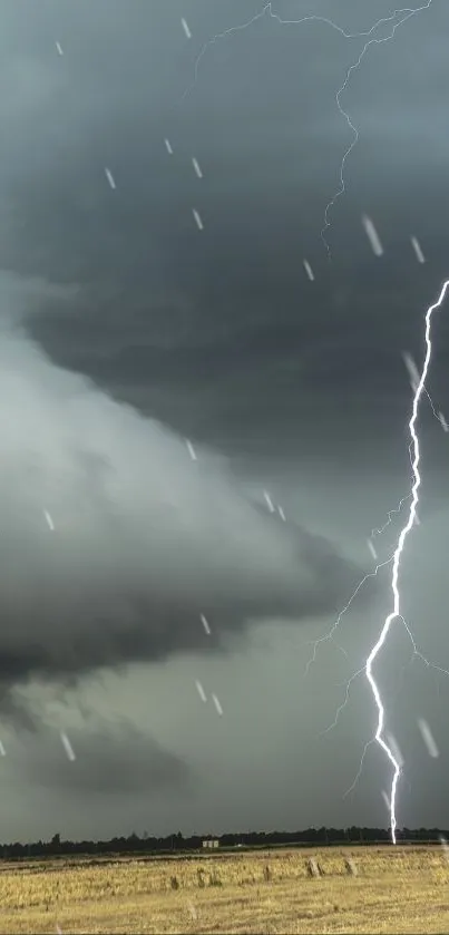 Dramatic storm wallpaper with lightning over landscape.