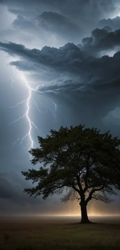 Solitary tree with lightning and stormy sky creating a dramatic mobile wallpaper.