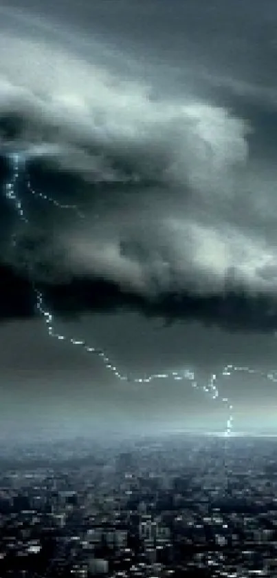 Dramatic storm lightning over a cityscape with dark clouds.