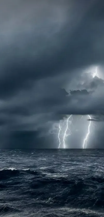 Dramatic ocean view with lightning storm and dark clouds.