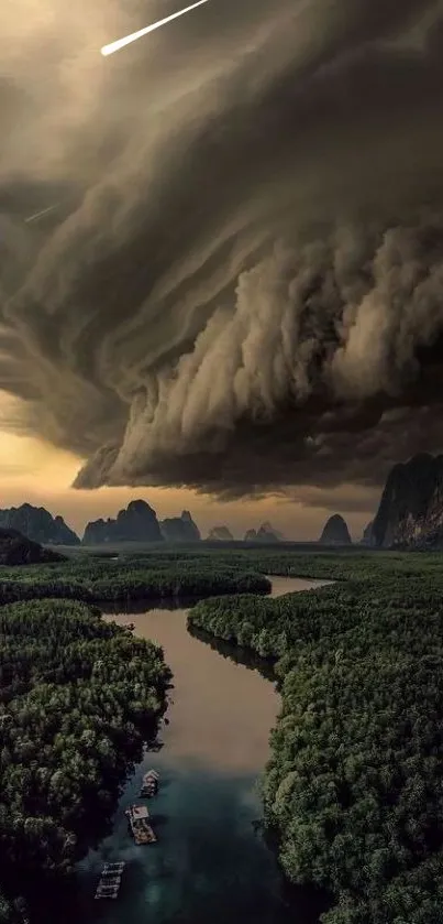 Dramatic storm clouds over a lush green landscape.