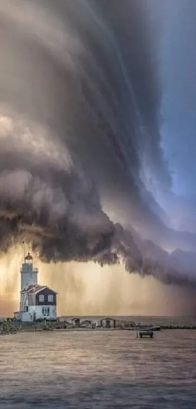 Dramatic storm clouds over a lighthouse by the ocean, capturing nature's beauty.