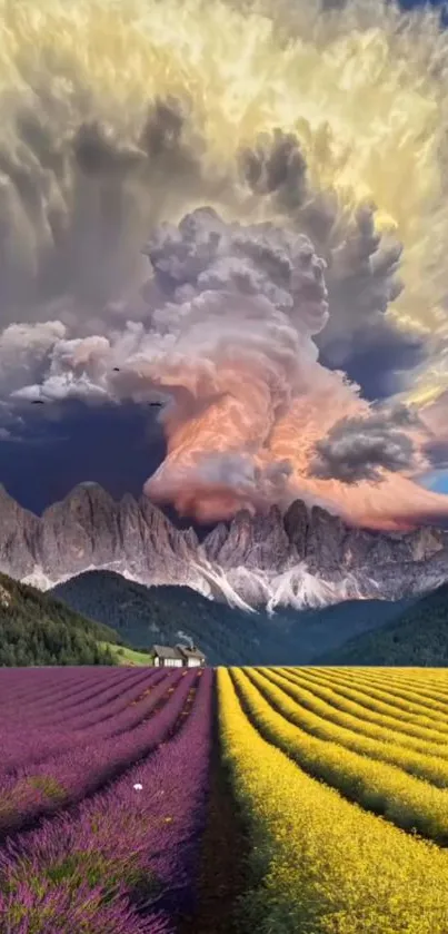 Dramatic storm over fields and mountains, vibrant colors.