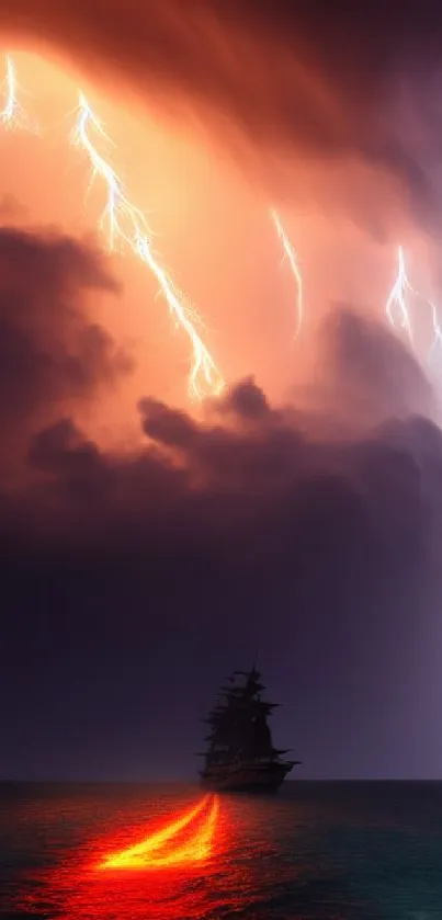 Dramatic ship sailing in storm with lightning strikes overhead.