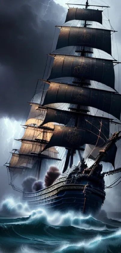 A majestic sailing ship braving a lightning storm at sea.