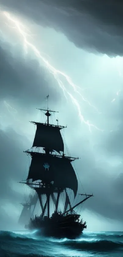 A ship sails through a storm under lightning in this dramatic wallpaper.