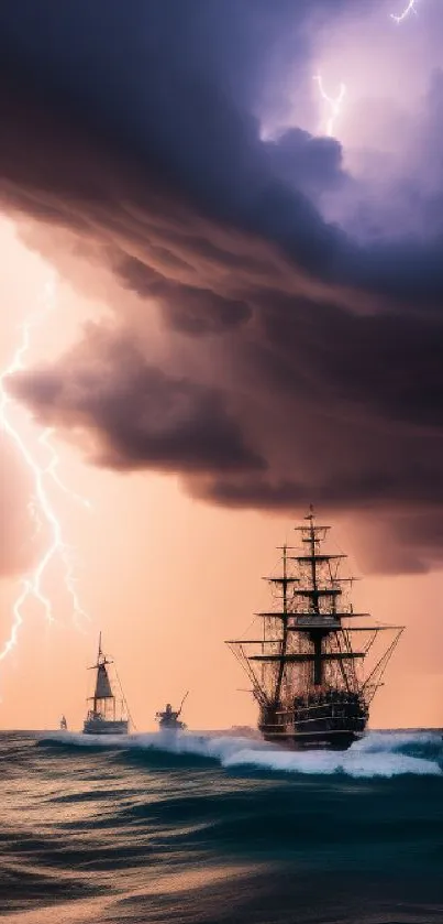 Majestic ships navigate stormy seas under a dramatic lightning-filled sky.