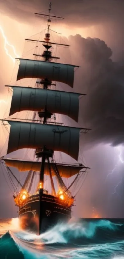 Majestic ship battles stormy seas with dramatic lightning in the background.