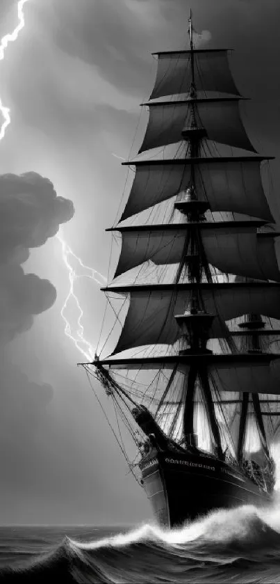 Black and white ship in stormy sea with lightning.