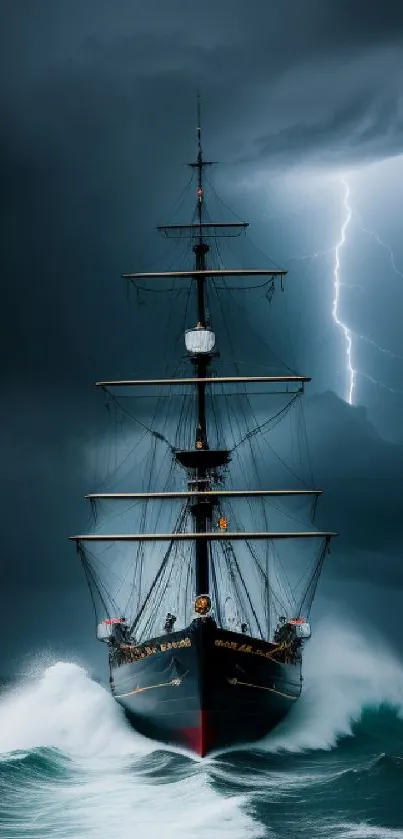 A ship braving a storm with lightning in the background.