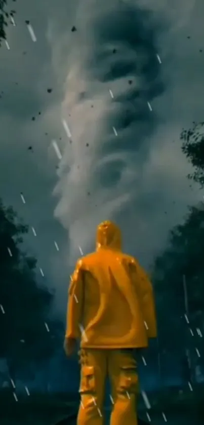 A person in yellow facing a tornado under a dark, stormy sky with rain.