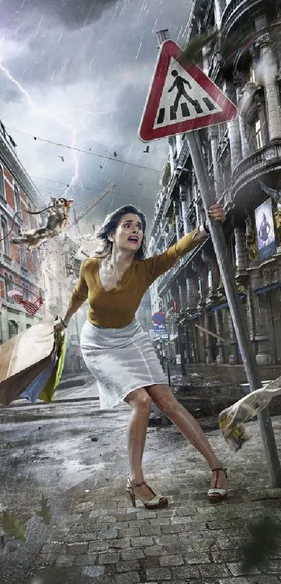 Woman battles storm in city street wallpaper.