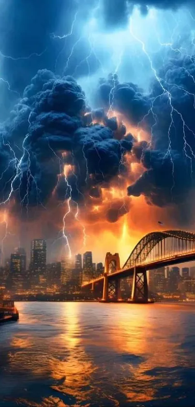 Stormy cityscape with lightning over a dramatic bridge and skyline at night.