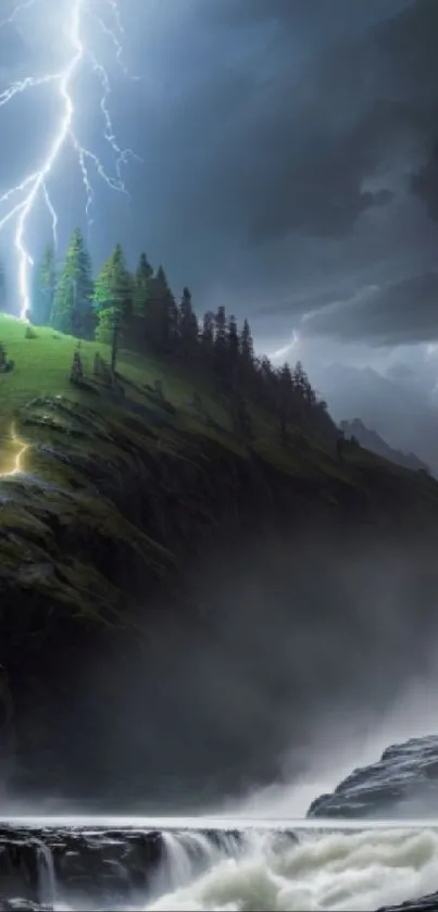 Dramatic landscape with lightning over forested hills.