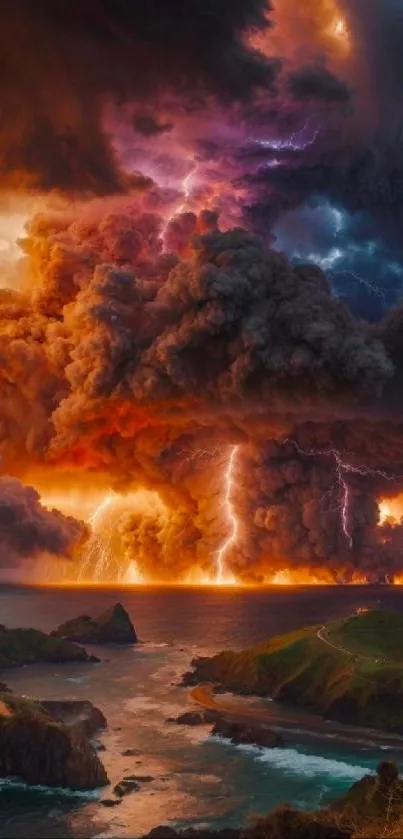 Powerful thunderstorm over coast with vivid colors and lightning.