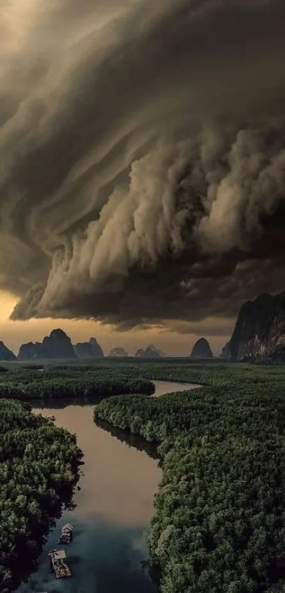 Dramatic stormy landscape with dark clouds.