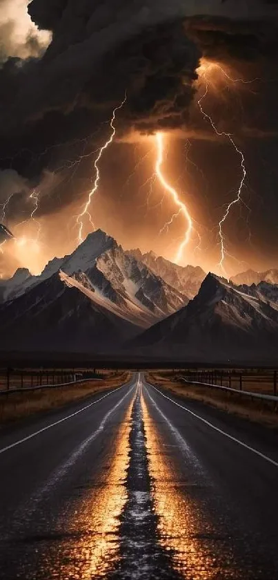 Stormy landscape with mountains and lightning over a dark road.