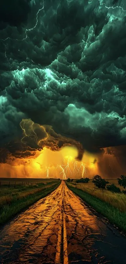 Stormy road wallpaper with dark clouds and lightning.