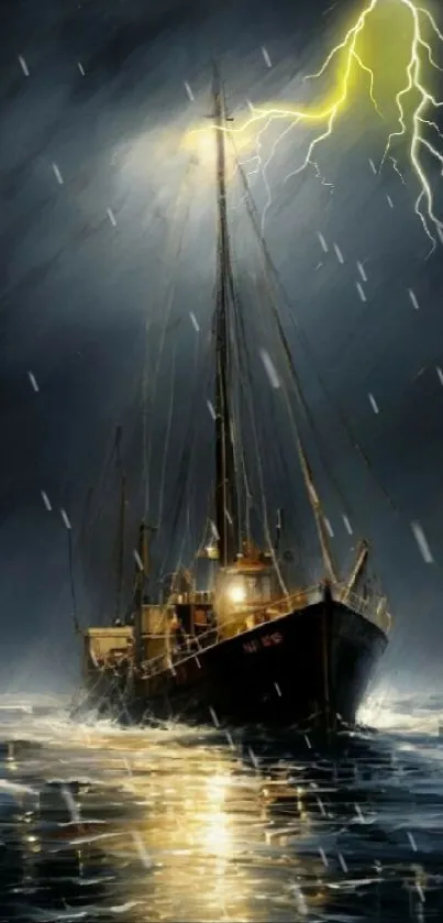 Ship navigating stormy sea at night with lightning.