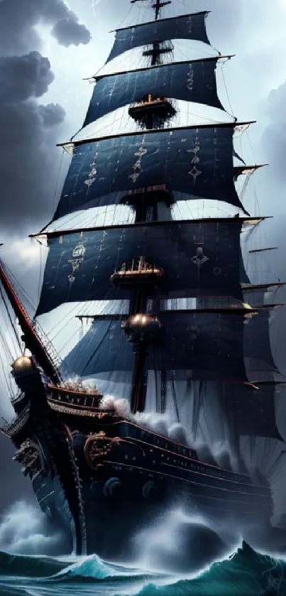 Majestic ship battling stormy seas under a dark, dramatic sky.