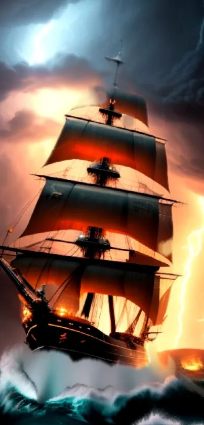 Dramatic ship braving stormy seas with lightning and fiery sky.