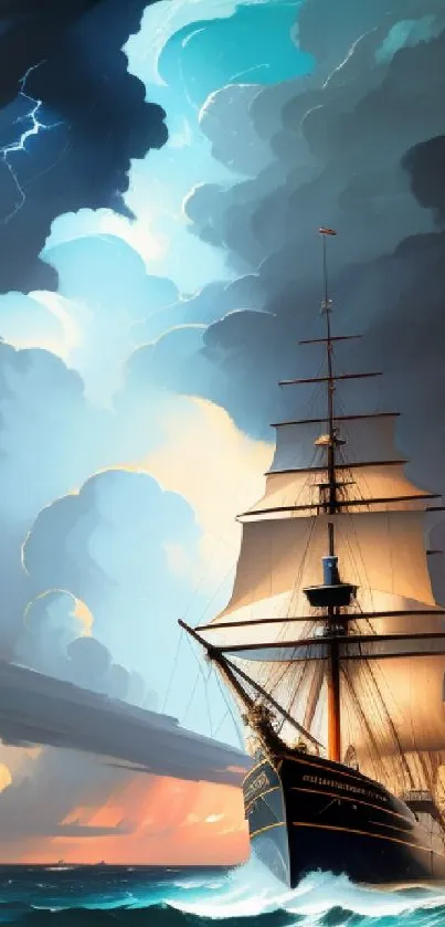 Ship in stormy seas with dramatic sky and lightning in mobile wallpaper.