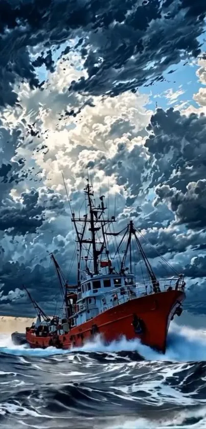 Ship braving stormy seas under dramatic sky.