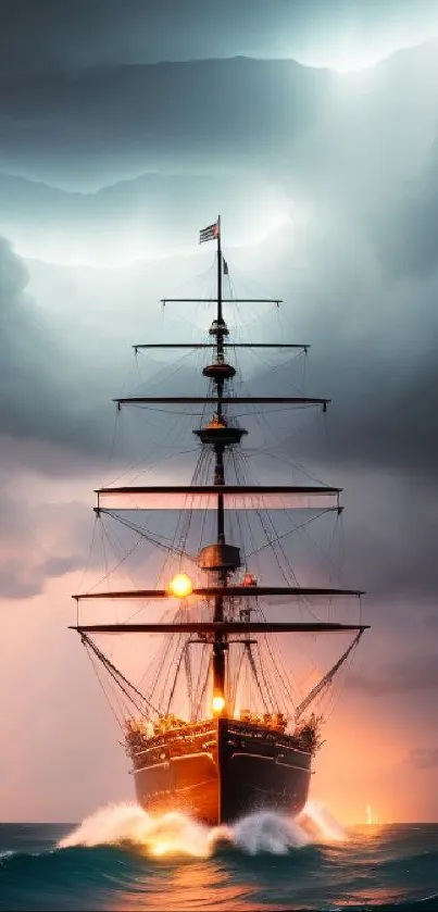 Historic ship in stormy sea with dramatic sky and lightning.