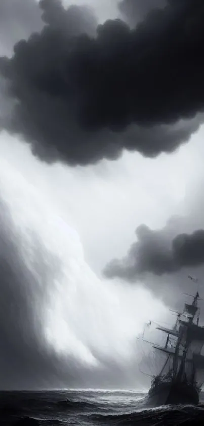 Mobile wallpaper of a ship sailing through a stormy sea under dark clouds.