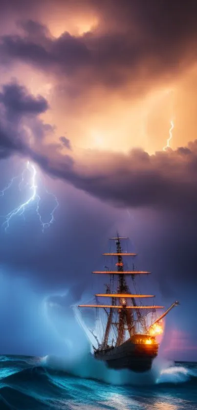 Ship battling storm in dramatic sea wallpaper.