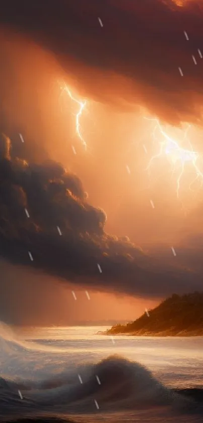 Dramatic storm clouds with lightning over an ocean.