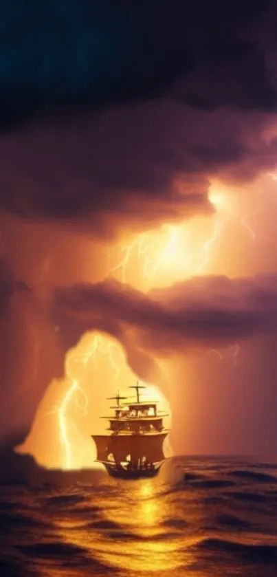 Ship on stormy sea illuminated by lightning.