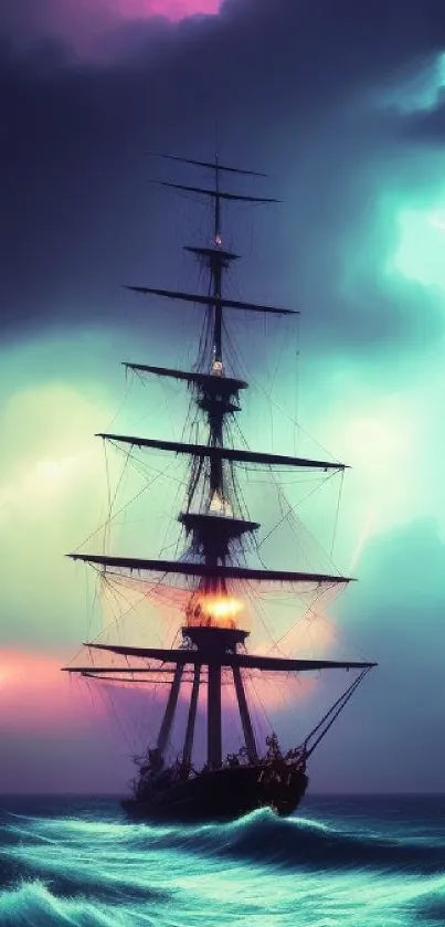 Ship sailing through a stormy sea with a vibrant sky.