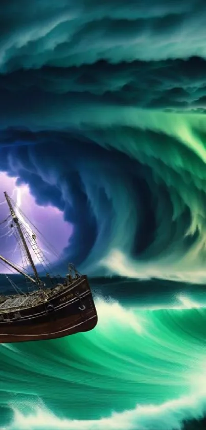 Ship braves stormy teal ocean waves with dramatic lighting.