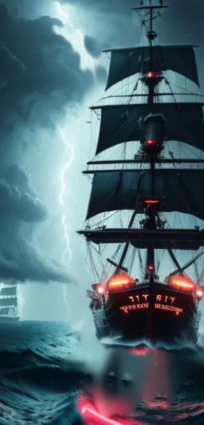 Pirate ship sails through a stormy sea with dramatic clouds and lightning.