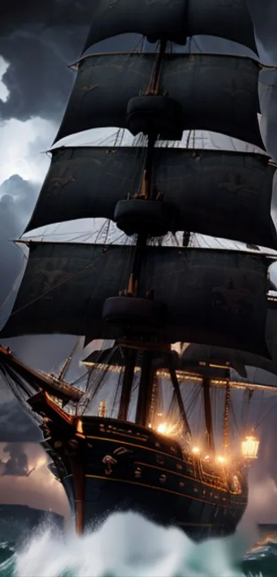 Majestic sailing ship in a stormy ocean with dark clouds and waves.