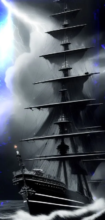 Dramatic ship sailing through a storm with dark clouds and lightning.