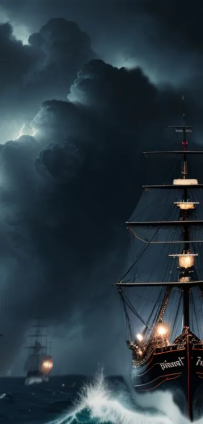 Dramatic ship sailing through a stormy sea with lightning in the background.